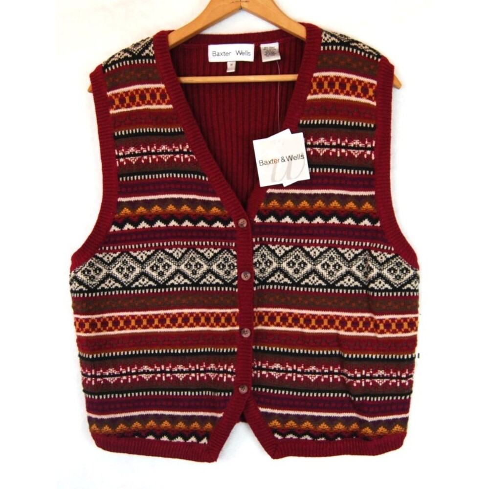 Vtg Academia Baxter & Wells Vest Fair Isle Button-Up Sz M Cotton Ramie Preppy